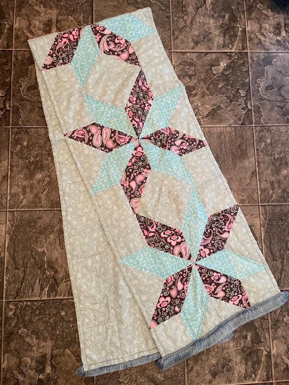 Handmade Quilted Patchwork Fringe Cottagecore Table Runner Pink Aqua Blue Brown